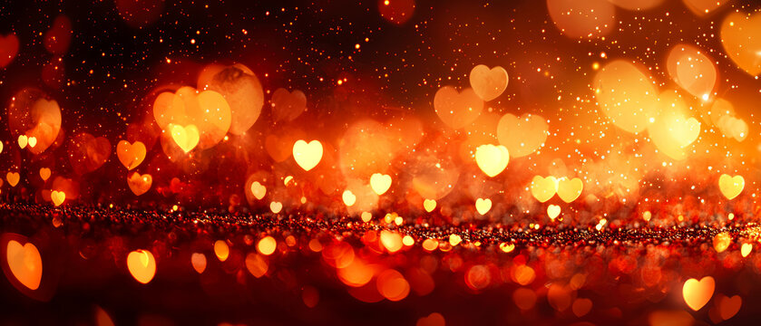 Red, shimmer background with glowing bokeh lights and sparkling hearts. Valentine's Day, love,celebration themes. Mockup for design, social media, veb cover. Generative ai	