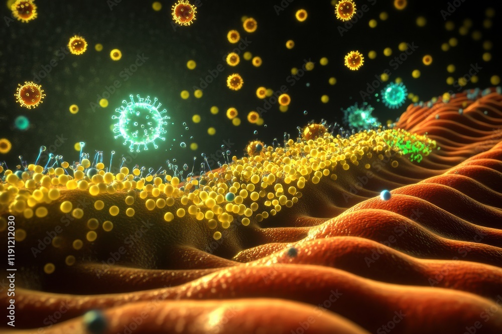 Poster Viruses invading biological cells with dynamic interactions and structural details visible in a colorful depiction. Generative AI