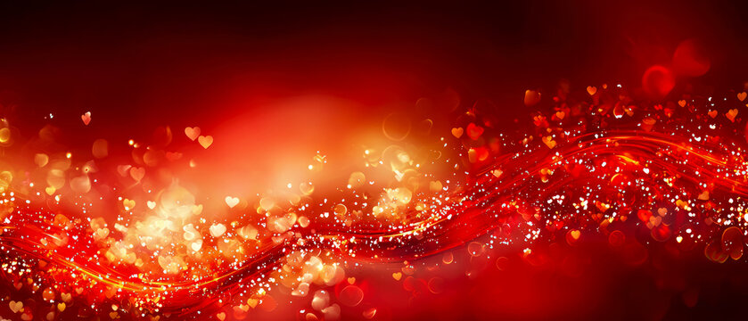Red, shimmer background with glowing bokeh lights and sparkling hearts. Valentine's Day, love,celebration themes. Mockup for design, social media, veb cover. Generative ai	