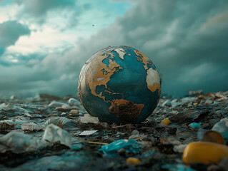 Erde auf Müllhaufen, Symbol für Umweltverschmutzung und globale Sorgen 