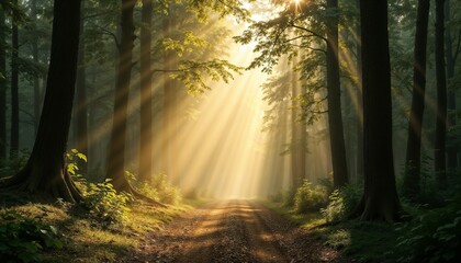 Obraz premium sunset sun rays breaking through a dense forest