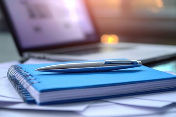 A sleek silver pen rests on a blue notebook atop scattered white papers