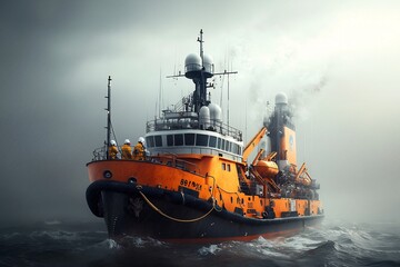 Fototapeta premium Sleek and modern oceanographic research vessel collecting water and sediment samples amid a dramatic overcast sky