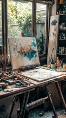 Rustic Artist Studio with Canvas and Paint Supplies in Natural Light