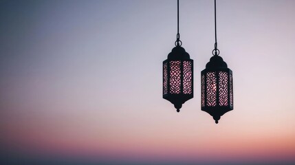 Fiery Lanterns Hanging Under Colorful Sunset Sky at Dusk