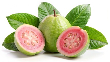 Isolated guava. One whole green guava fruit and a half with pink flesh on a branch with leaves isolated on white background with clipping path

