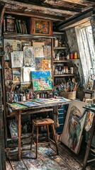 Fototapeta premium Cozy and Creative Art Studio with Paint Supplies and Colorful Artwork