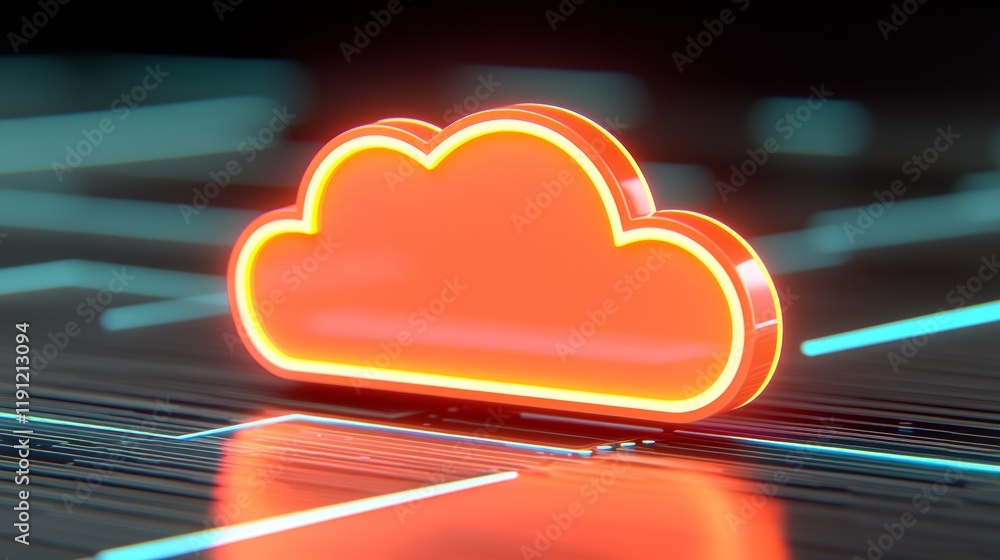 Poster vibrant 3d cloud computing scene with flowing technology lines