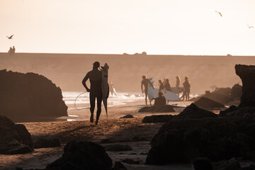 Surf beach scene, Imsouane, Morocco sunset
