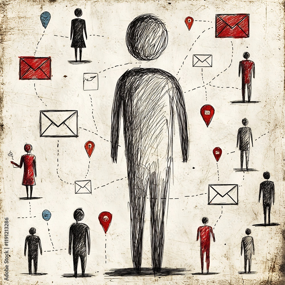 Poster expressive hand sketched human silhouettes interacting with networked social icons mail envelopes an