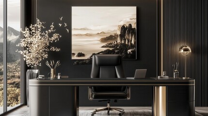 Modern office interior with stylish desk.