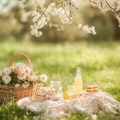 Romantic picnic on the spring grass. Wicker basket full of flowers.