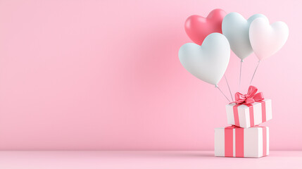 Heartfelt Celebration:  A stack of beautifully wrapped presents, adorned with a delicate pink ribbon, is topped with a cluster of pastel heart-shaped balloons.