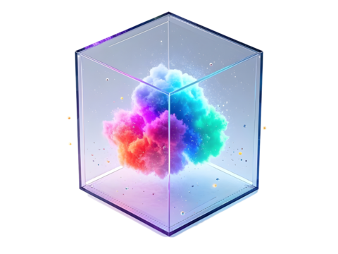 Colorful cloud in glass cube,
