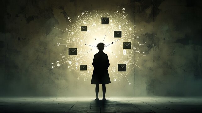 Silhouetted figure of a person standing against a muted pensive background surrounded by navigation pointers and envelope icons representing a collaborative global community vision in a futuristic