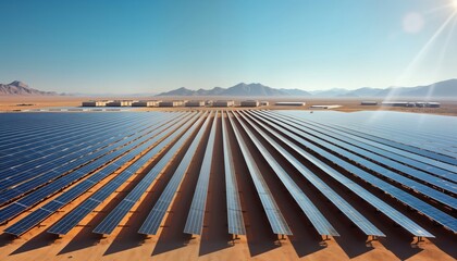 Vast solar power plant stretches across arid desert landscape. Rows of solar panels generate clean energy. Sustainable energy production in sunny day. Eco-friendly tech. Modern utility scale
