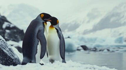 Obraz premium King penguins cuddling in Antarctica, icy mountains background; wildlife conservation