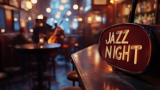 Sign that reads &ldquo;JAZZ NIGHT&rdquo; - Modern Bar - club - pub - trio - bass - piano- horn - trumpet - accent lighting 