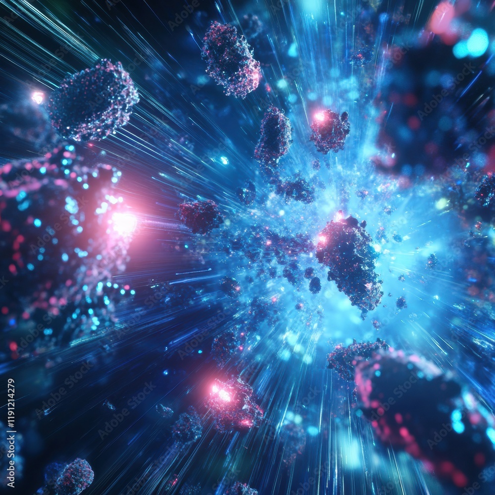 Fototapete visual representation of antibodies engaging with luminous viruses in a cosmic like setting. generat