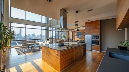 Modern Spacious Kitchen with City View in Bright Apartment Interior