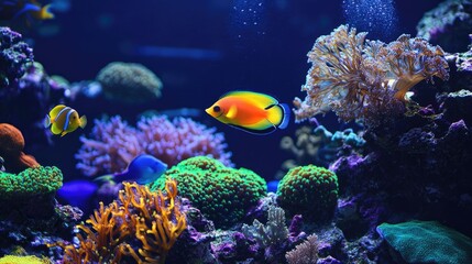 A dynamic underwater landscape showcasing electric fish swimming among coral reefs