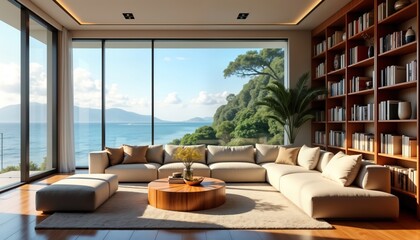 Luxurious living room with panoramic ocean view. High wooden bookshelf filled with books creates home library atmosphere. Large comfy sectional sofa. Natural light, warm inviting ambiance. Wooden