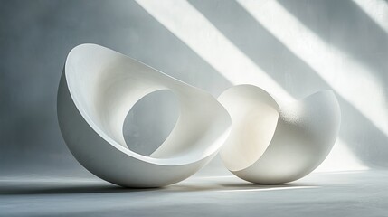 Modern sculptural forms in soft white material casting subtle shadows in bright light