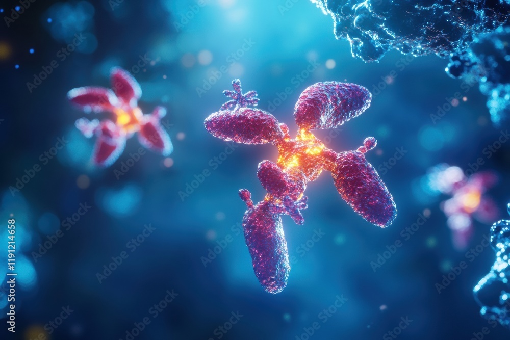 Poster antibodies attacking viruses in a vibrant microscopic environment during a cellular response. genera