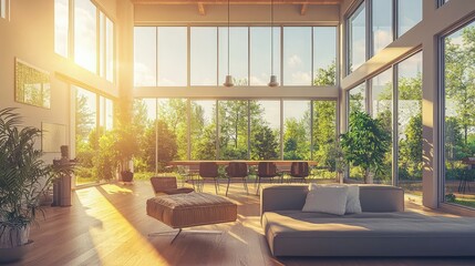 Fototapeta premium Bright and Airy Living Room with Large Windows and Greenery