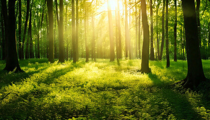 Obraz premium Sunlit forest exploration nature reserve photography lush environment ground level viewpoint tranquility and serenity concept