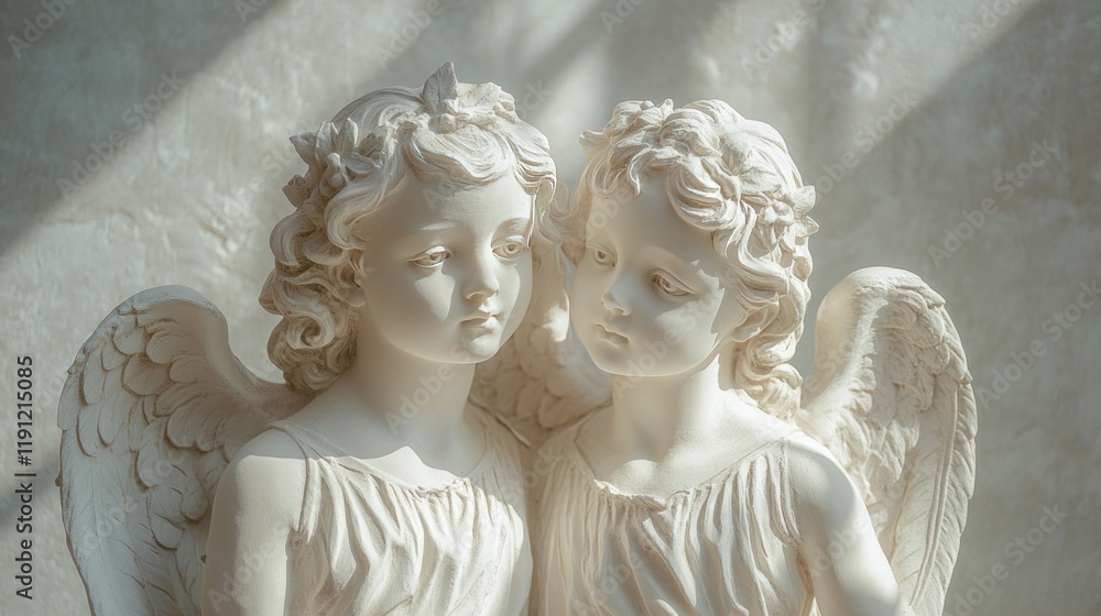 Poster two angelic figures in a serene setting illuminated by soft light