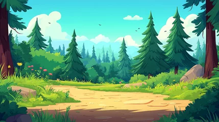 Fototapete Türkis sunny forest path illustration with cartoon style featuring a scenic trail through lush pine trees in a summer landscape ideal for nature wallpaper or digital art background  © Asim-Backgrounds