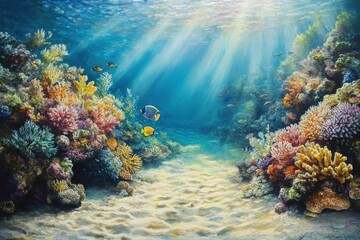 Fototapeta premium Diverse fish in vibrant coral reef under sunlight