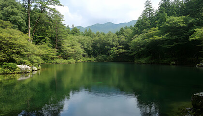 Tranquil Reflection of Lush Greenery and Majestic Mountains in a Serene Lake Setting