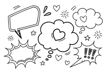 Hand-drawn speech bubbles, thought clouds, dialogue boxes, black and white sketches, doodle style, various shapes and sizes, comic book elements, minimalist design, white background, communication sym
