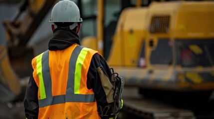Fototapeta premium A close-up of a construction worker in a reflective vest and hard hat, holding a wrench, with a mechanical digger in the background