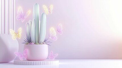 Obraz premium Cactus Neon Light Pot Cactus with butterflies in a pastel setting