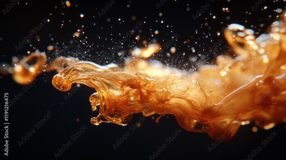 Poster water splashes glistening with golden light create an abstract artistic background in a dark setting