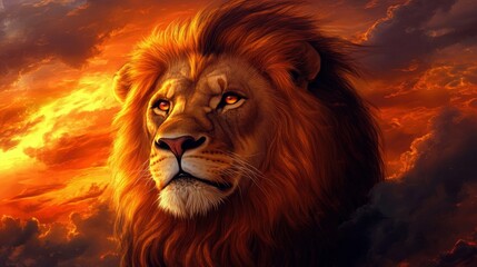 Naklejka premium Majestic Lion at Sunset Fiery Sky Background