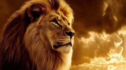 Fototapeta premium Majestic Lion Profile Against Golden Sunset Sky
