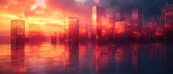 Futuristic urban landscape at sunset with floating glass skyscrapers for corporate design and animation