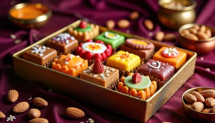 Assorted colorful sweets, treats in decorative gift box. Diwali sweets displayed in golden box with various designs. Festive Indian sweets, assorted desserts. Box filled with delicious treats in
