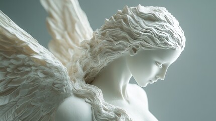 Sculptural representation of a serene angel with detailed wings captured in soft light