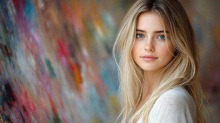 Naklejka premium Beautiful Blonde Woman Artist with Blue Eyes Standing in Front of Her Vibrant Abstract Painting