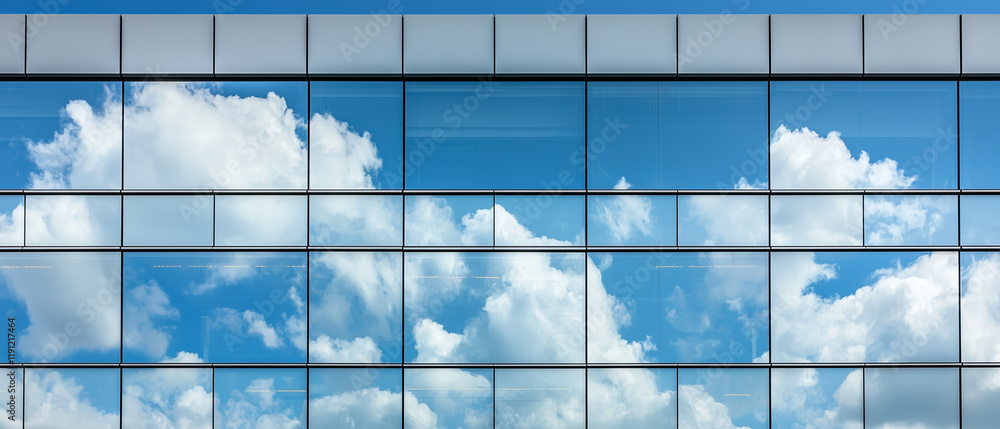 Poster modern office building with reflective glass windows showcasing clear blue sky and fluffy white clou