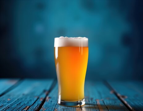 Closeup view of craft beer glass filled with light amber beer. Glass slight tulip shape, head of foam. Background dark teal deep blue color. Image could used for brewery pub menu general beer