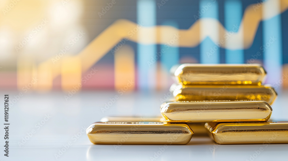 Aufkleber stacked gold bars on reflective surface with blurred financial chart in background, symbolizing weal