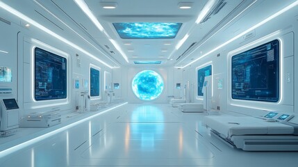 Futuristic anime research laboratory interior with clean white design and advanced technology