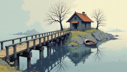 Fototapeta premium A serene illustration of a small house on a rock island accessible by a wooden bridge