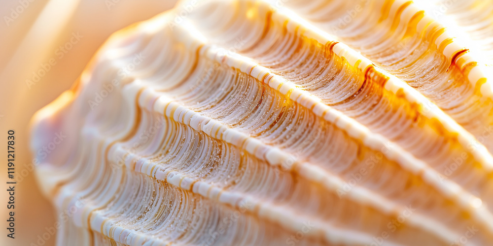 Poster Macro shot of seashell textured surface with vivid orange and white patterns, showcasing intricate ridges and natural details in soft lighting